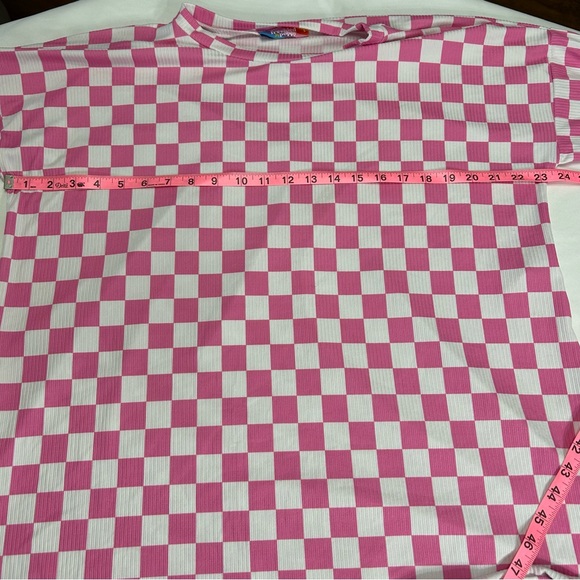 Freckled Poppy Neon Pink Checkered Pattern Ribbed Knit Short Sleeve Top Sz L - Picture 11 of 11